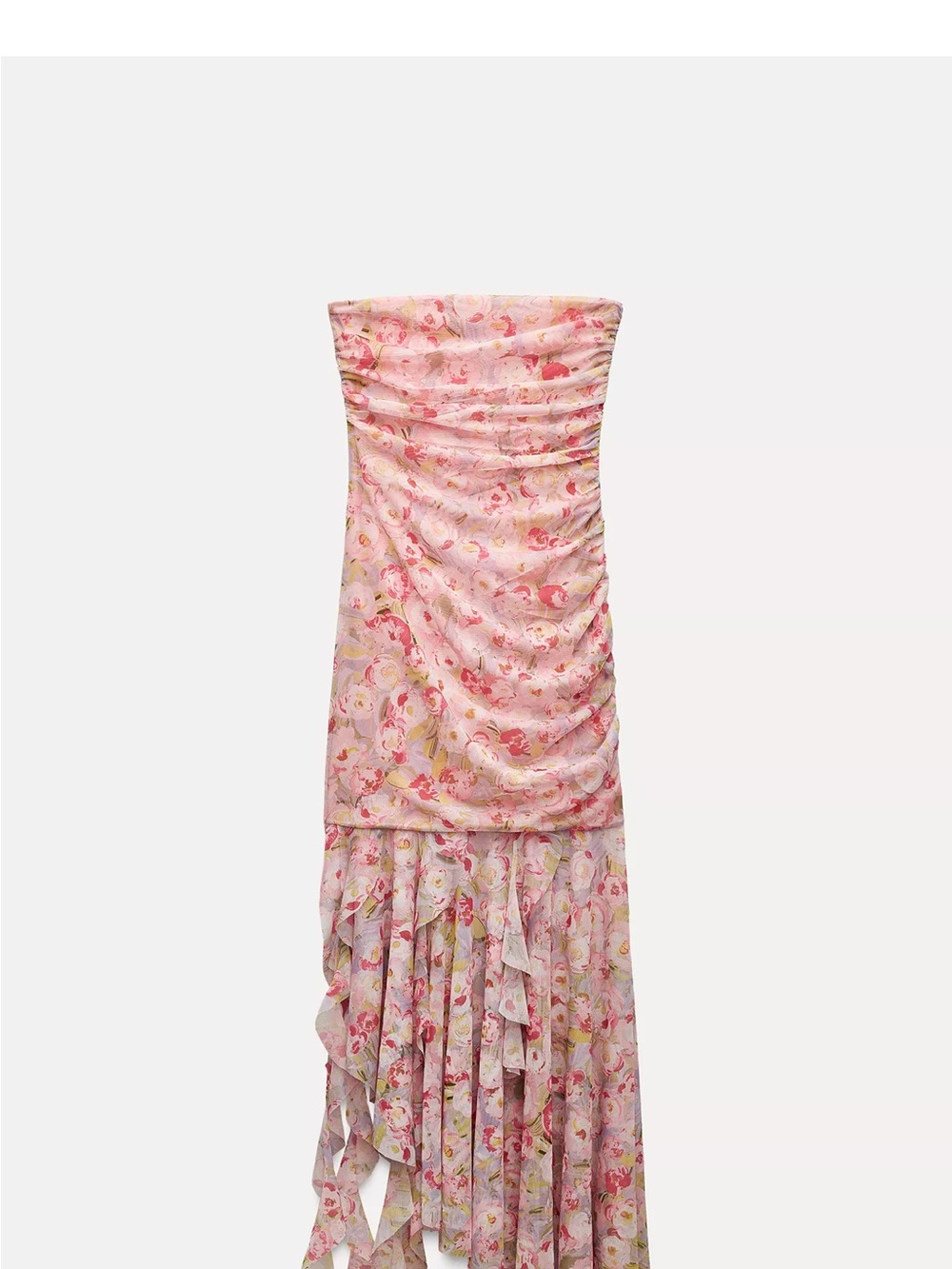 Zara Pink Floral Strapless Ruffle Maxi Dress